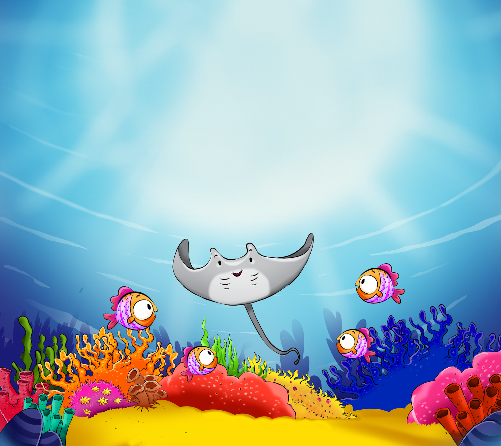 Happy manta ray and fish in colorful ocean